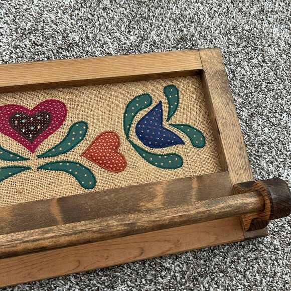 Vintage Wooden Burlap Embroidered Towel Rack with Folk Art Design Wall Decor - Picture 9 of 16